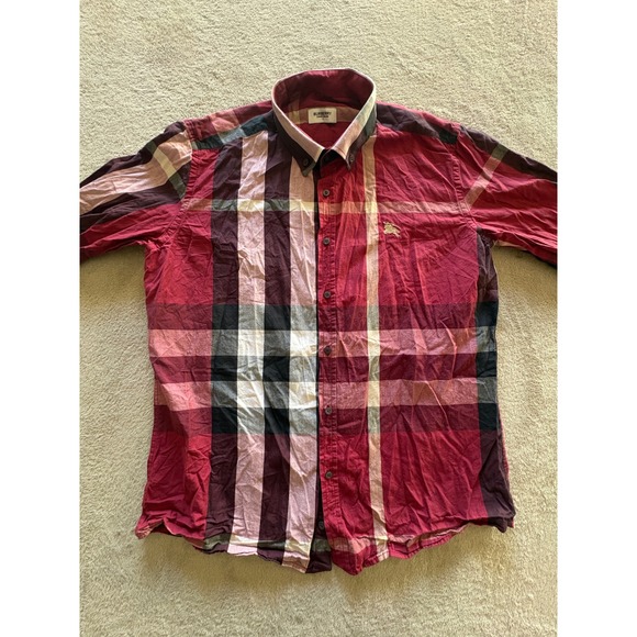 Burberry London England Mens Red Oversized Check Button Down Shirt Large L
